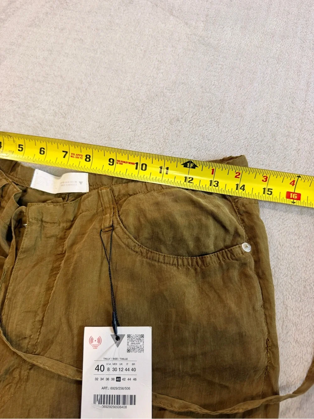 Zara NWT 100% Linen Olive Drawstring Wide Leg Pants Size 8